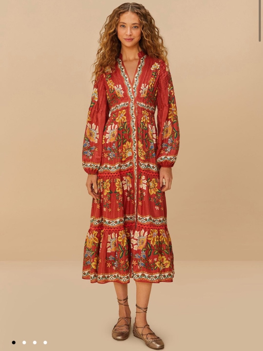 FARM Rio Red Garden Delight 
Long Sleeve Midi Dress. EUC